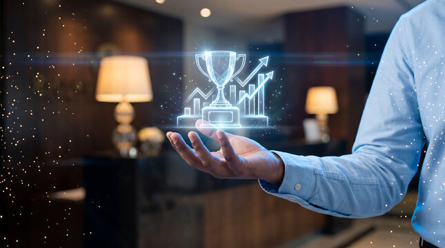 A person in a light blue shirt holding a glowing digital hologram of a trophy and rising bar charts in an office setting with a dutch angle view