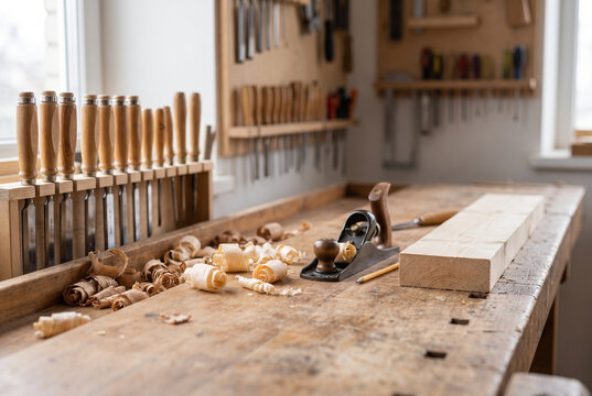 Woodworker bench with clean chisels and wood shavings