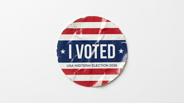 Wrinkled i voted sticker for usa midterm election 2026 isolated on a