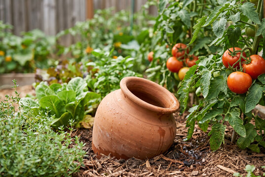 Terracotta olla irrigation pot beside garden vegetables