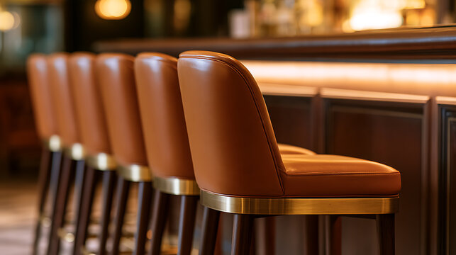 Elegant brown leather bar stools lined up neatly along a modern wooden counter in a sophisticated restaurant interior with warm ambient light
