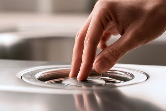 Person pressing a modern stainless steel kitchen stove burner control knob for cooking food in a home environment
