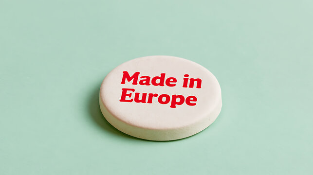 A circular white badge with red text stating Made in Europe lies centered on a clean pastel green background in a minimalist studio setup