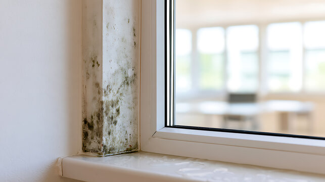 Black mold fungus and mildew growth on white window frame wall indoor home interior space surface health hazard property damage concept