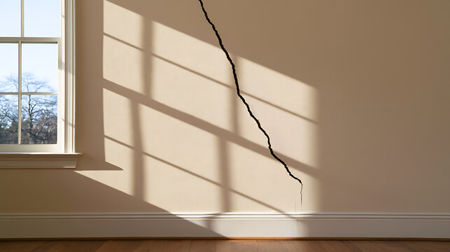 Large structural fracture on an interior residential wall with bright sunlight streaming through a window, depicting home damage and repair
