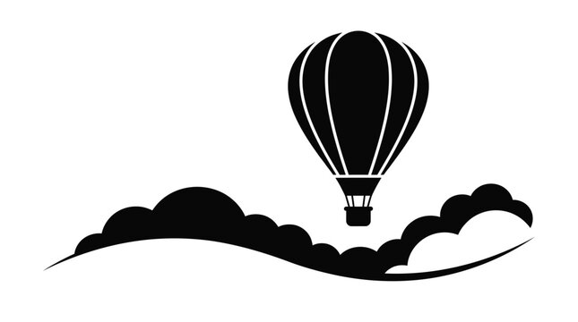 Hot air balloon silhouette floats above stylized cloud shapes on a white background