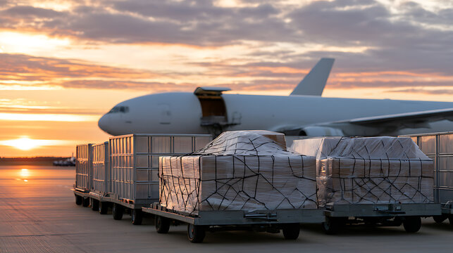 Large cargo airplane parked on airport tarmac during sunset with loaded baggage carts and freight pallets ready for global shipment transit