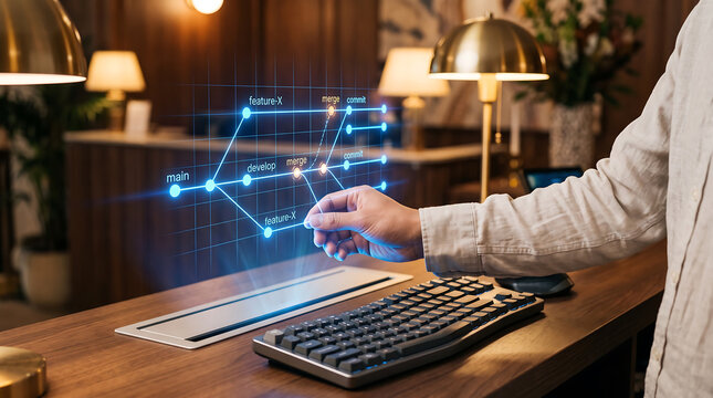 A person interacting with a glowing blue holographic software version control branch tree diagram above a computer keyboard on a wooden desk