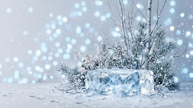 Winter Ice Block Podium with Frozen Snow, Pine Branches and Bokeh Lights Background