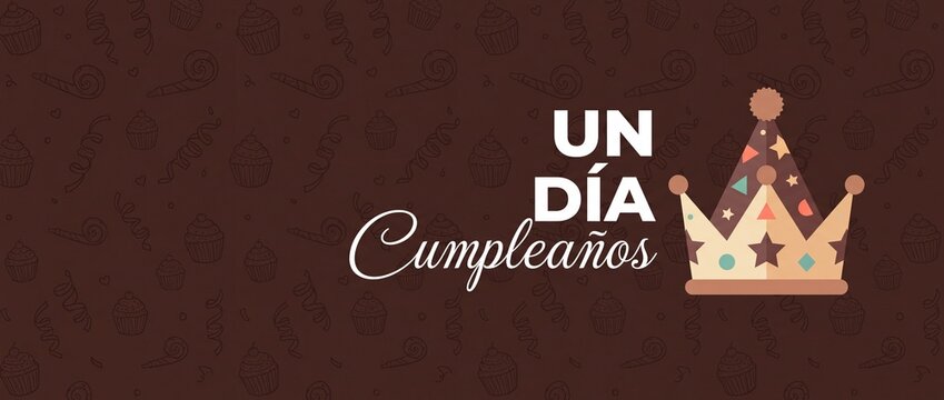 Spanish birthday banner celebration background with party crown hat illustration for un dia de cumpleanos banner design web header graphic brown chocolate pattern greeting card vector template