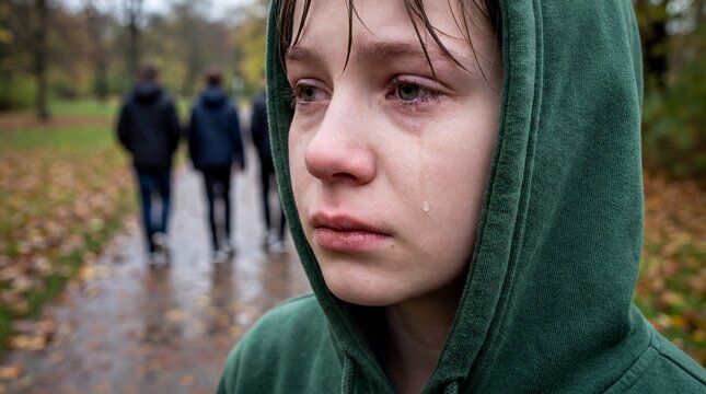 Social exclusion, A lonely teenager experiences deep sadness while peers walk away outdoors