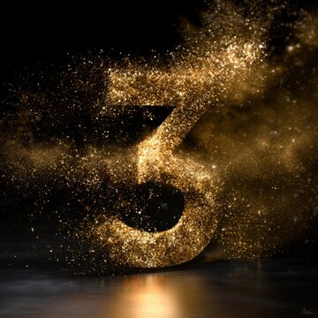 Shimmering golden number three dissolving into sparkling particles against a dark background with reflective surface below