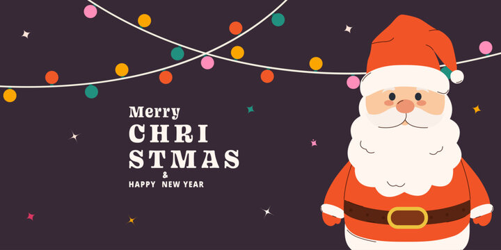 Merry Christmas greeting banner with Santa Claus and festive fairy lights