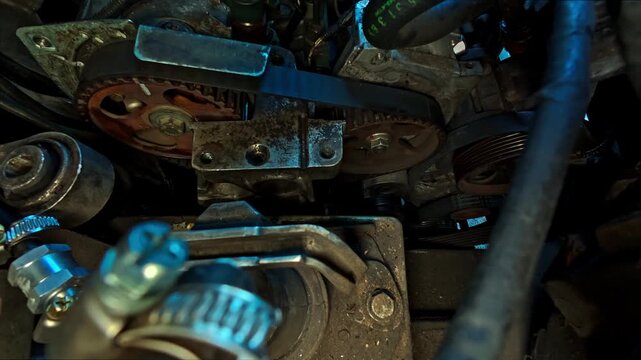 Car mechanic aligns timing marks on camshaft sprocket and belt during internal combustion engine maintenance in workshop, close-up.