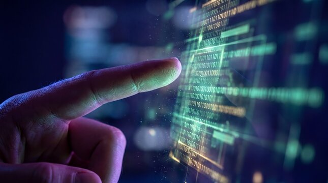 Digital Security Interface, A human fingertip interacts with a glowing holographic security code