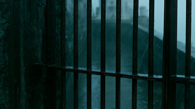Dark and moody view through old prison bars during heavy rain storm in a medieval castle fortress setting with dramatic atmospheric effect