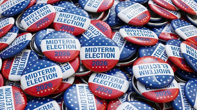 Pile of midterm election 2026 campaign buttons with american flag
