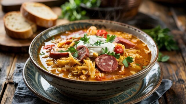 German cuisine. Sausage and Sauerkraut Soup. A thick soup made from sauerkraut with smoked sausages, potatoes, and herbs.