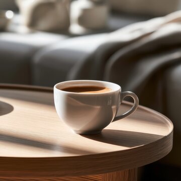 Warm cup of coffee on a wooden table bathed in morning sunlight with a cozy blurred sofa background for relaxing moments