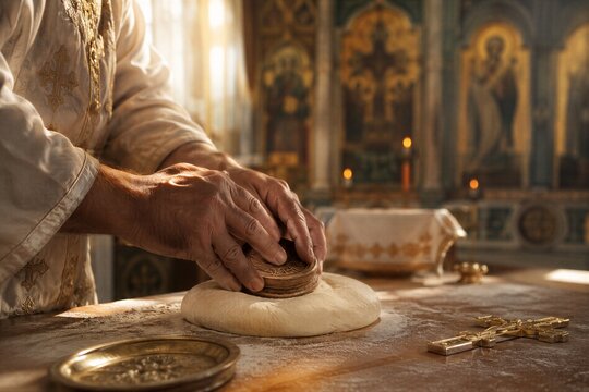 Hands of priest in white vestments stamping prosphora dough with seal in orthodox church. Baking sacramental communion bread with cross and icons.