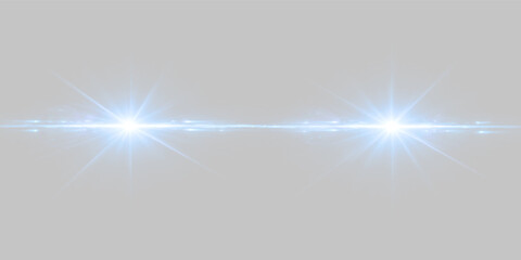 Twin bright blue lens flares shine vividly against a black background. Horizontal beams of light extend from each flare, creating a symmetrical and striking visual effect. © newname02