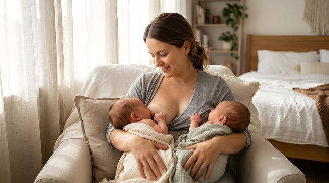 Loving mother breastfeeding twins near cozy bed at home, tandem nursing her newborn infants for world breastfeeding week healthcare concept in bright sunny bedroom