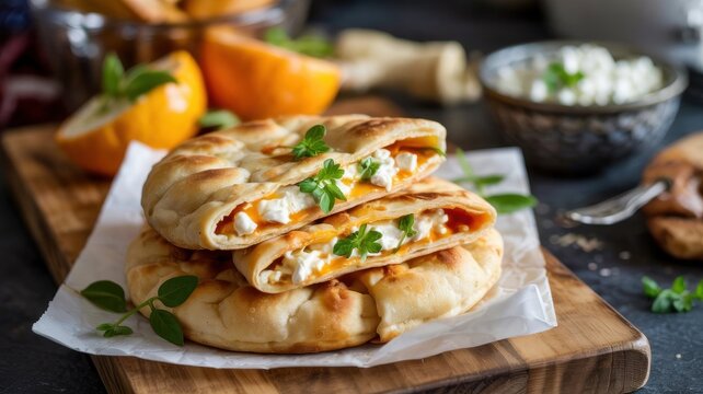 Georgian cuisine. Khachapuri. A flatbread with a juicy filling of melted cheese and fresh herbs.