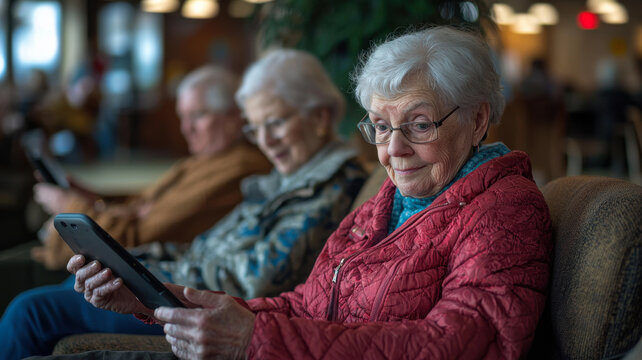 Enthusiastic older adults explore new apps together, sharing laughter and discovering technology at a local center