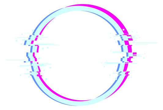 A blurry, pixelated circle with a blue and pink border
