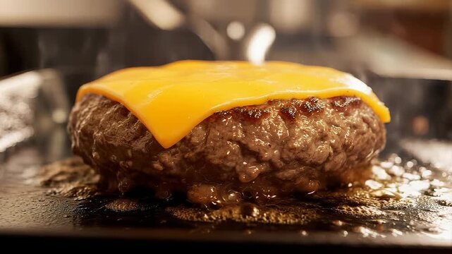 Juicy cheeseburger patty cooking on a hot grill. Melting cheddar cheese on top of a beef patty. Panning stock video footage for fast food recipes