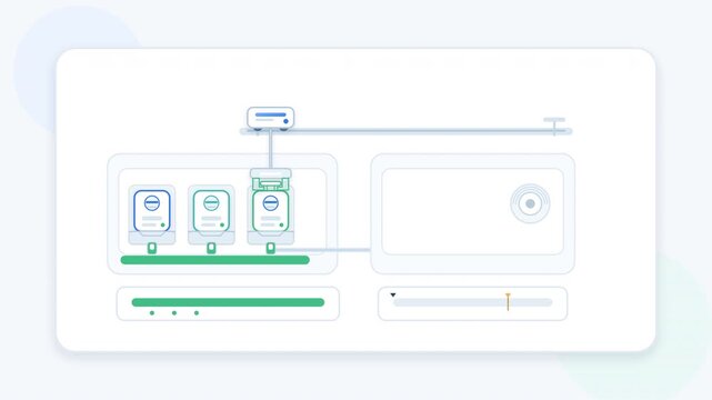 Automated manufacturing process animation with robotic arms and conveyor belts in flat design style showcasing industrial workflow automation system