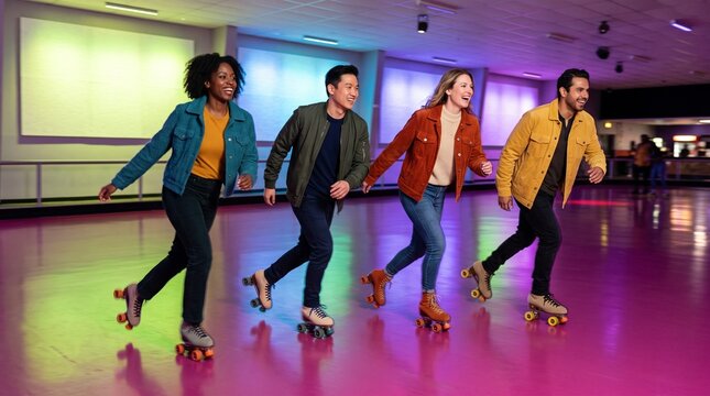 Friends glide in formation at a retro roller disco