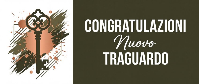 Congratulazioni nuovo traguardo Italian card featuring elegant vintage key illustration on abstract rose gold and olive green paint splash background, celebrating new home, milestone achievement.