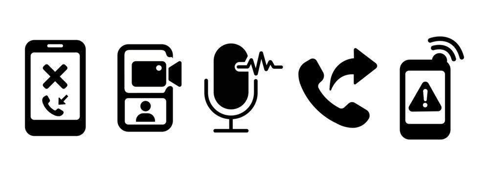 Set of communication and mobile phone icons including missed call, video call, voice message, call forwarding and emergency alert symbols