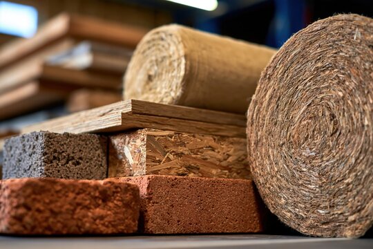 Various natural and engineered building materials stacked including compressed wood fiber rolls and porous bricks in a construction workshop environment