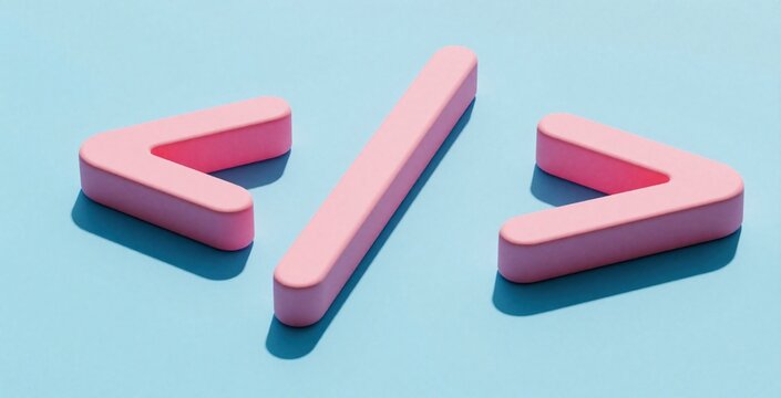Pink 3D code icon symbols on blue background. Programming tags for software development, web design, app coding. Minimalist digital script markup symbol for computer science, internet technology,