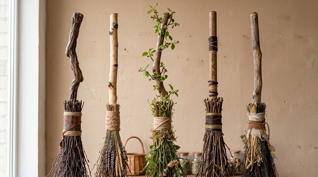 Five decorative handmade artisanal brooms crafted from natural wood and organic materials standing in a row