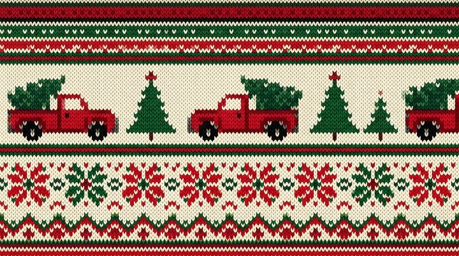 Festive christmas sweater pattern with red pickup trucks and pine