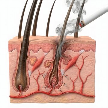 Scientific 3D Render of Smoking Damage on Hair Follicles and Skin Anatomy Causing Hair Loss