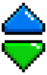 Two blue and green buttons are displayed in a pixelated style © LadadikArt