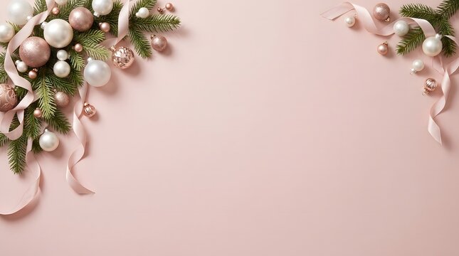 Elegant christmas background with pink and silver baubles and pine branches on a soft pastel surface