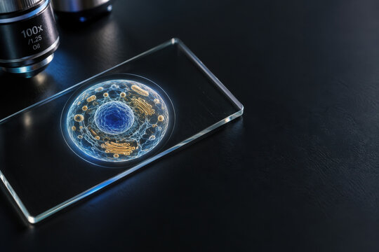 Quantum microscopy glass slide with illuminated cellular imaging under electron microscope concept highlighting nanotechnology quantum sensing and atomic-scale biological structures