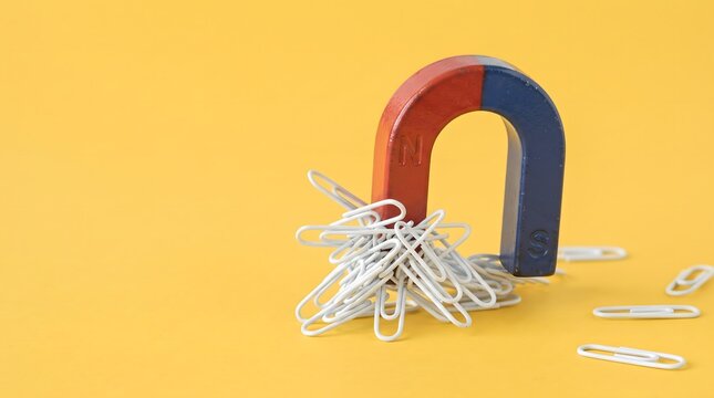 A red and blue horseshoe magnet attracts a cluster of silver paper clips on a bright yellow surface, illustrating magnetic force for education and office use