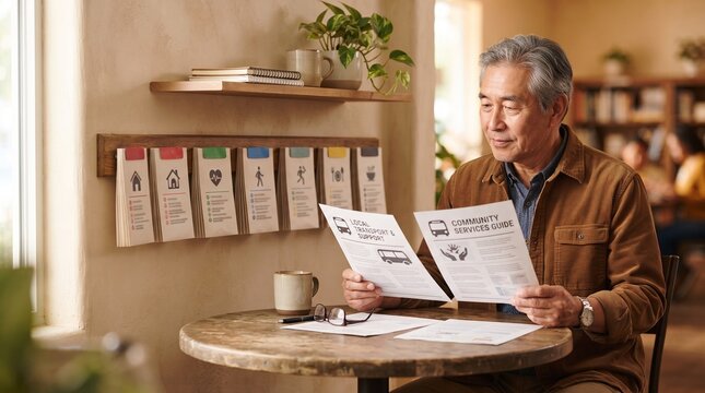Senior man compares offline community service sheets