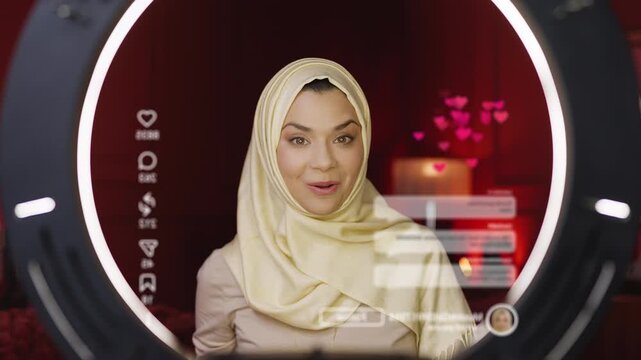 POV of smiling Muslim woman recording video blog on phone for social media