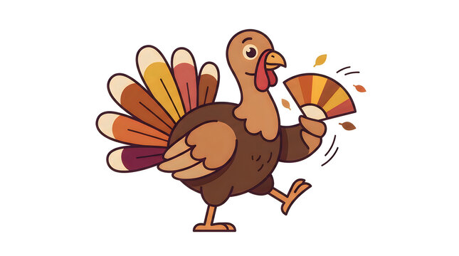 Cartoon turkey holding pie slice and dancing