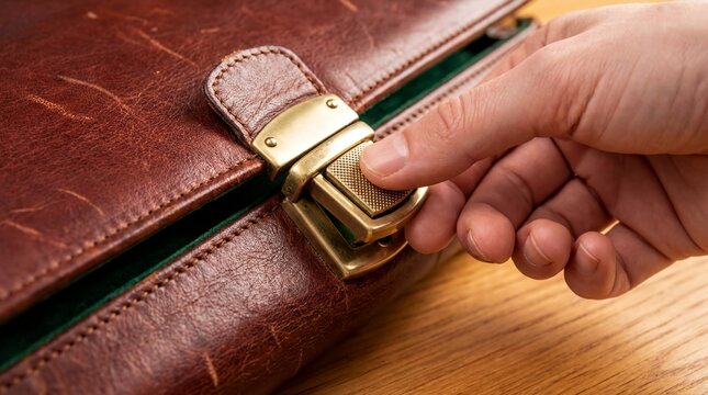 Vintage Leather Briefcase, A close-up of a polished brass lock on a rich mahogany leather briefcase