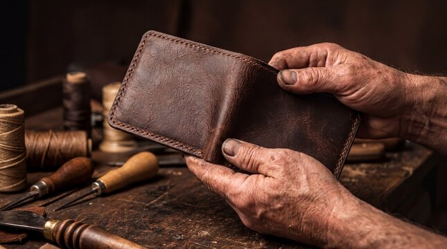 Handmade Leather Wallet, Weathered hands hold a crafted brown leather wallet on a workbench