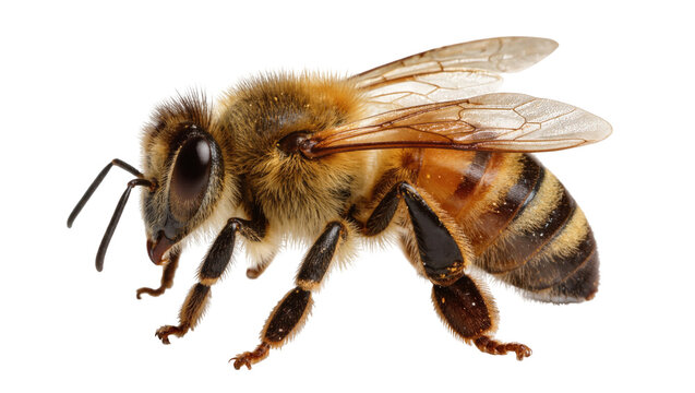 Detailed macro view of a fuzzy honey bee with striped abdomen, isolated on transparent background