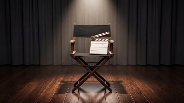 Film Production Audition, A director chair and clapperboard wait on a lit wooden stage